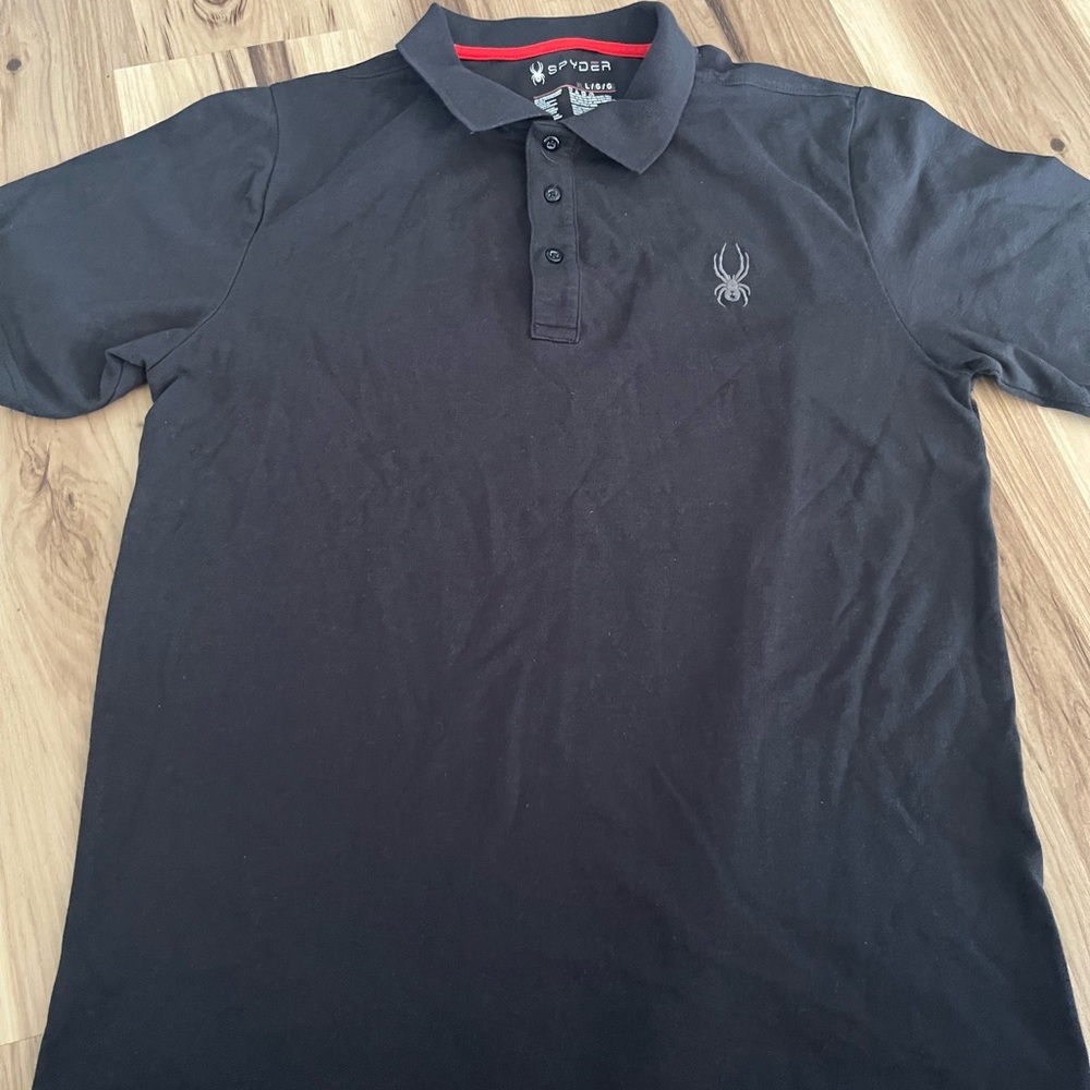 Spyder Men's Polo Shirt Large Black 3 Button Cotton Poly Logo Short Sleeves P$49